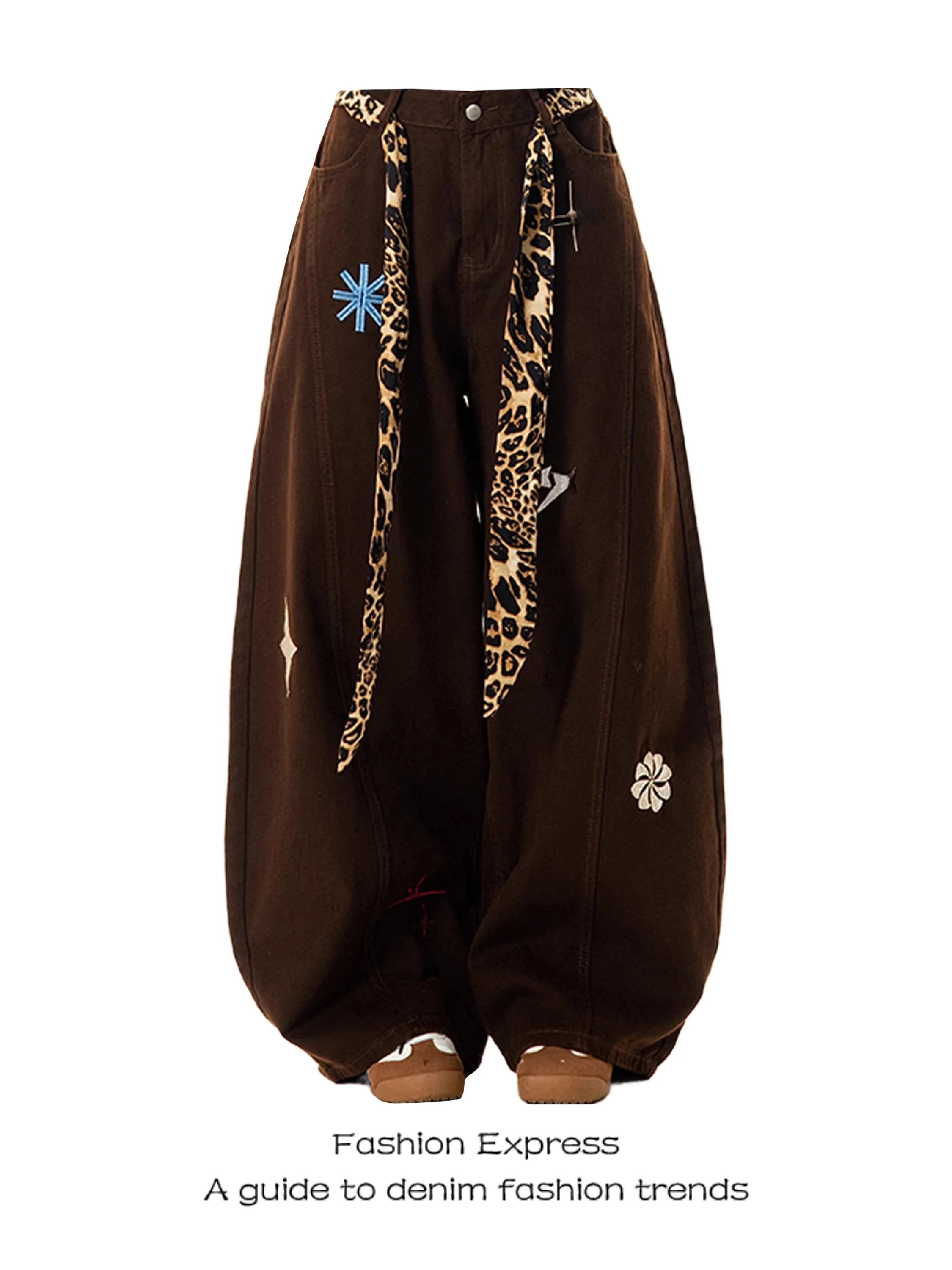 

Embroidered High Waist Wide Leg Jeans Women's Autumn Winter American Leopard Print Belt Loose Drapey Slimming Knife Pants