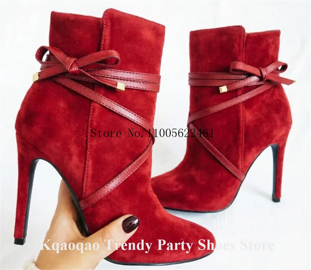 Kqaoqao Black Red White Suede Stiletto Heel Short Boots Round Toe Lace-up Thin Heel Ankle Booties Big Size Boots view 5