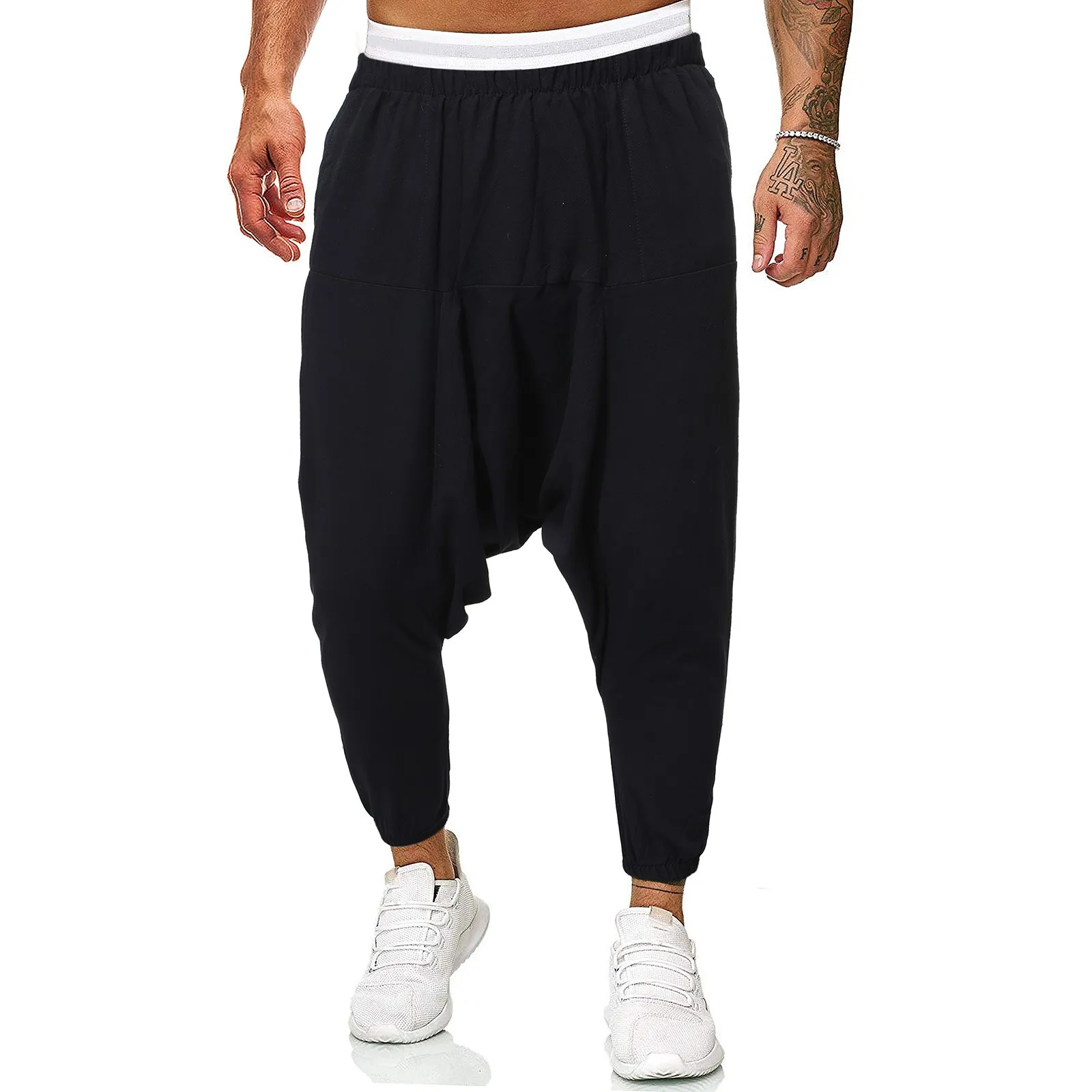 Punk Pajama Pants Men's Harem Trousers Training Trousers Wide Legs Yoga Trousers Loose Pure Colour Hip Length Trousers With