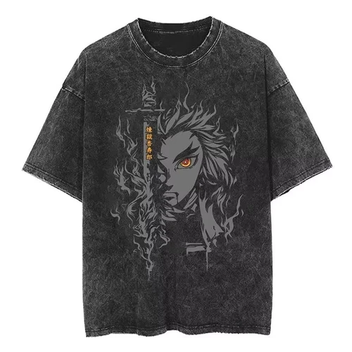 Camiseta lavada Vintage de Anime Demon Slayer Rengoku Kyoujurou para hombre y mujer, Camiseta de algodón de Manga Harajuku, ropa informal estilo Hip Hop