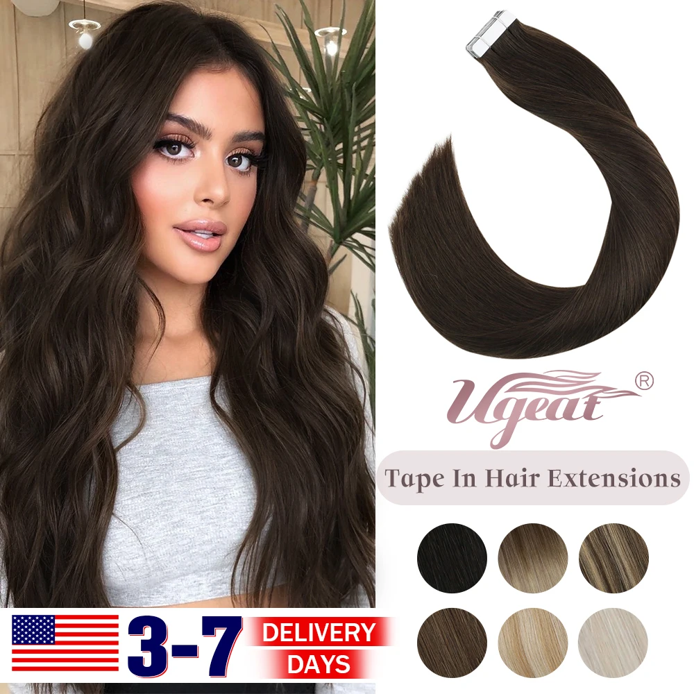 Ugeat Tape in Human Hair Extensions Black Color Seamless Skin Weft Natural Tape Extensions 12-24inch 20Pcs 50g Per Pack