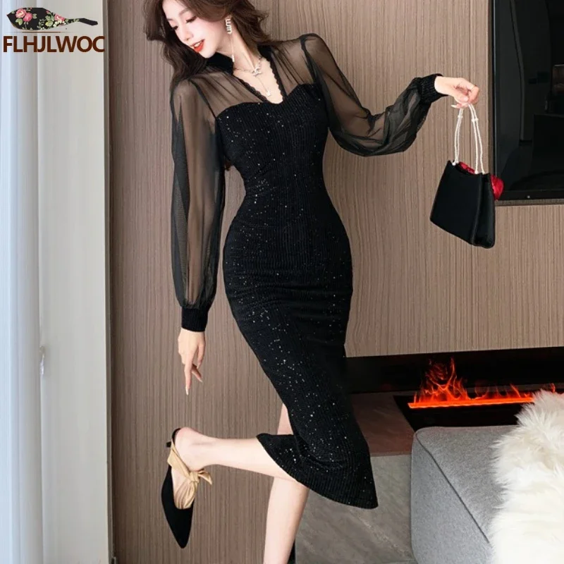 Neujahr Französisch Design Party kleid elegante Abend Retro Vintage Qipao Stand Split Slim Fit Wrap Hüfte sexy transparente Mesh Bling Kleid