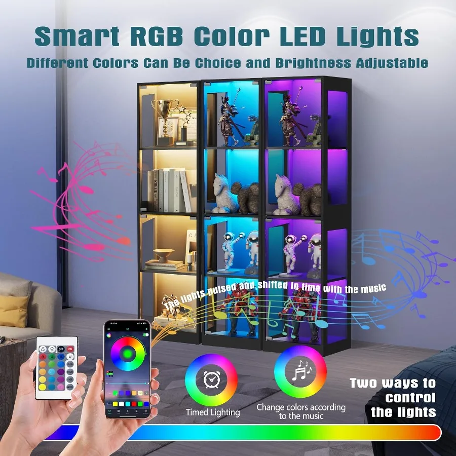 Display Cabinet with Glass Doors, 4-Tier Display Case with RGB Lights, Glass Toy Display Cabinet for Collectible, Curio Cabinet view 3