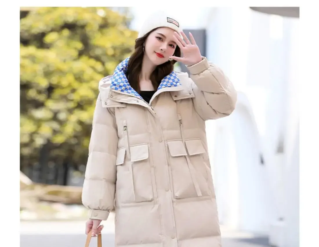 Winter nieuwe gewatteerde donsjas dames halflange capuchon kleurcombinatie casual mode dikke losse jas damesjassen