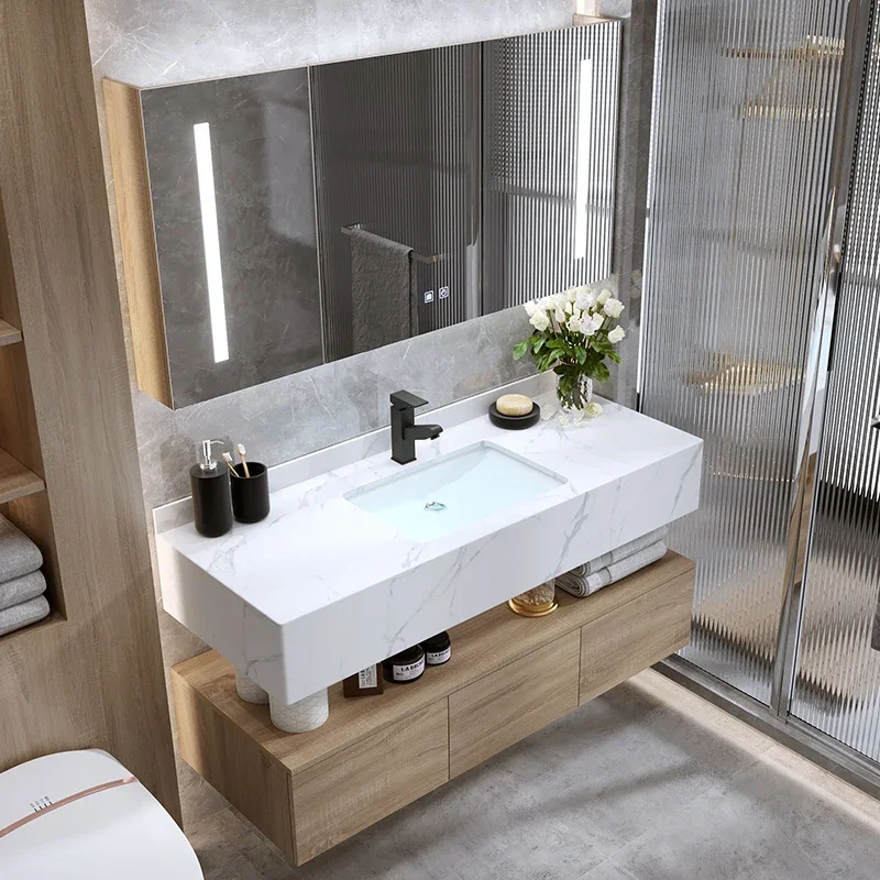 Mueble de baño con encimera de mármol con gran espacio de almacenamiento, mueble con espejo duradero