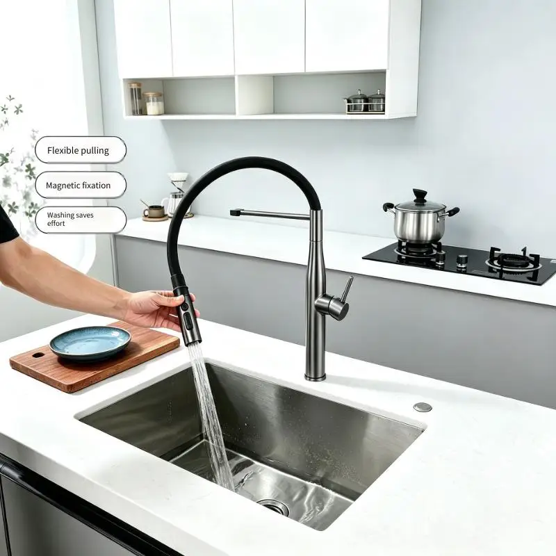 304 Stainless Steel Household Magnet Pull-out Kitchen Faucet 360 Degree Hot Cold Water Mixer Tap Crane Kitchen Sink Tap