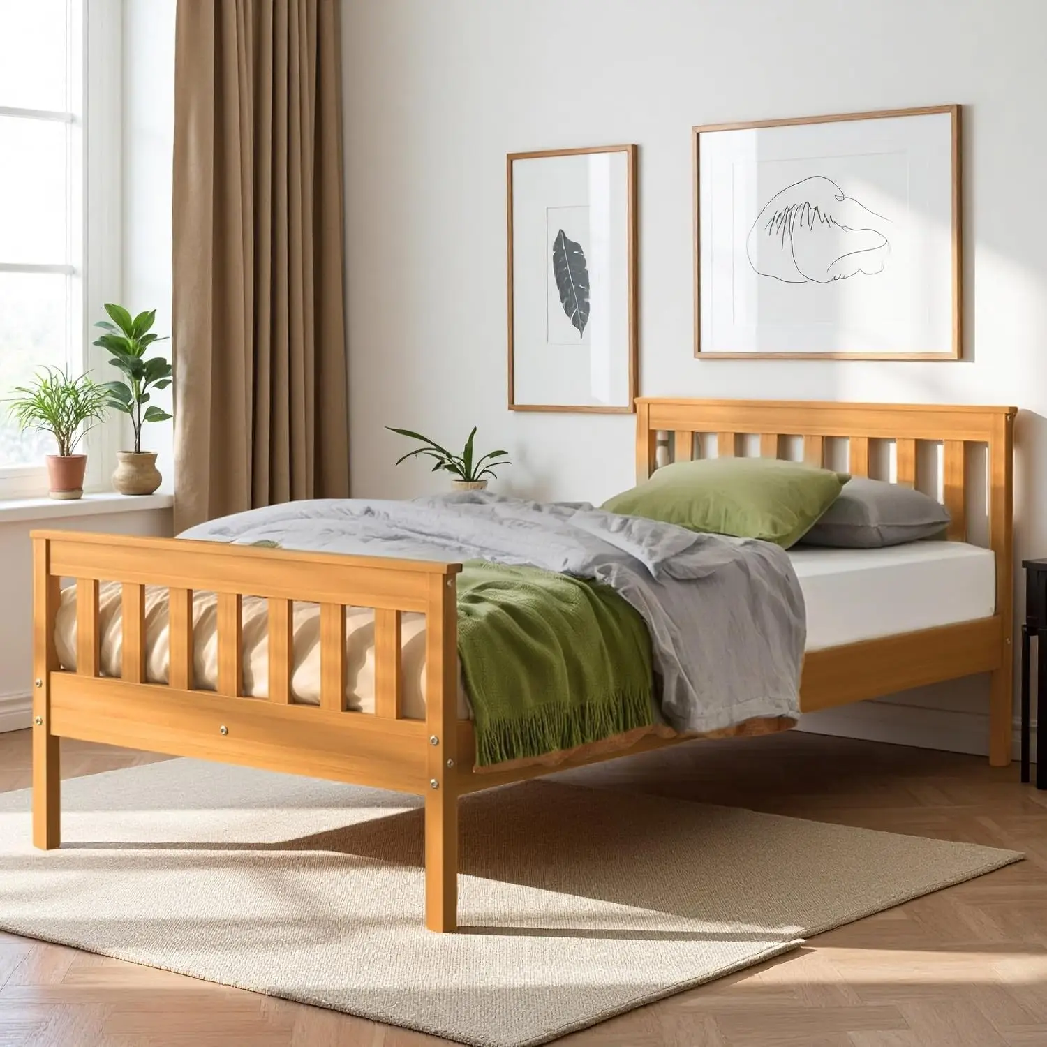 Wooden Twin Bed Frame,Solid Wood Platform with Headboard for Kids | No Box Spring Needed, 270 lbs Weight Capacity,, Customized