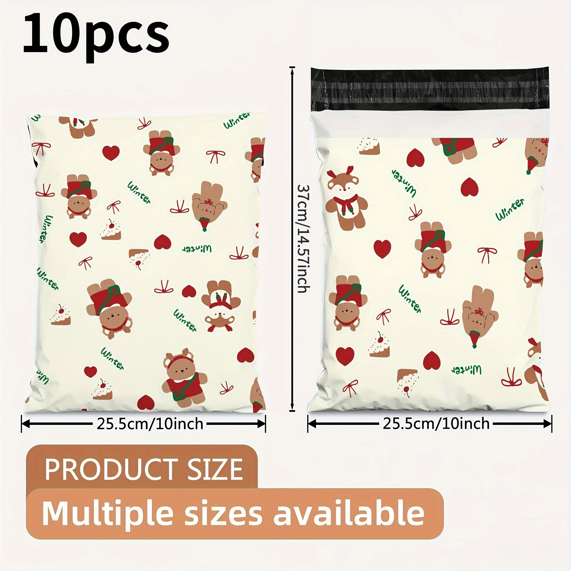 10 Thick Waterproof Self-Sealing Courier Bags with Cute Brown Bear and Heart-Shaped Designs - Heavy-Duty Polyethylene Mailing Envelopes, Suitable for E-Commerce Shipping, Christmas and Valentine's Day Packaging (Red/Gr
