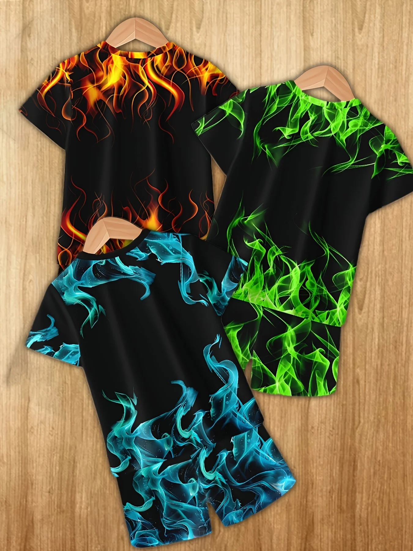 3D Flame Printed Casual Clothing T-shirt and Shorts Set with Bright Colors Suitable for Summer Clothing