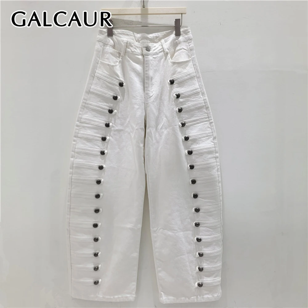 

GALCAUR Solid Slimming Spliced Buttons Minimalism Jeans for Women High Waist Patchwork Pockets Pants Female Fashion New Style