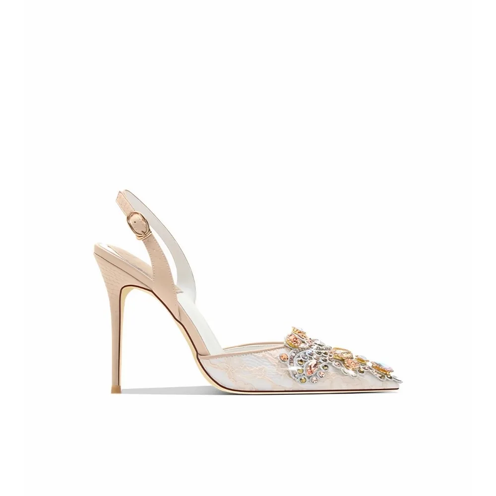 

Rhinestone High Heels Women Summer Comfortable Lace Breathable Mesh Crystal Toe Sandals Champagne Wedding Shoes