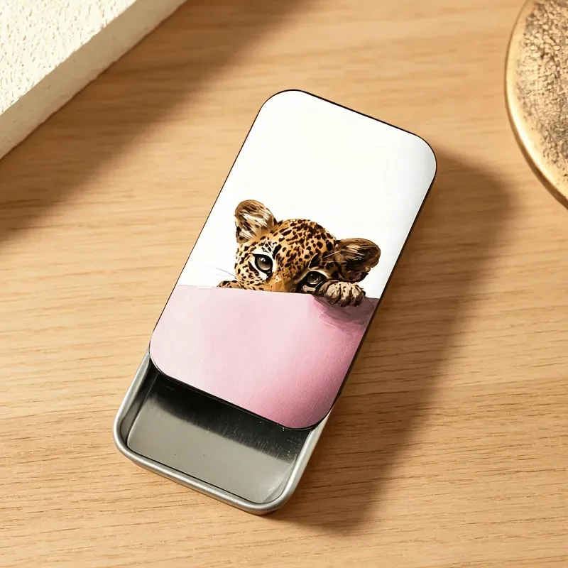 Adorable Baby Leopard Match Storage Tin, Rectangular Metal Matchbox Holder, Portable Decor Box for Matches & Trinkets