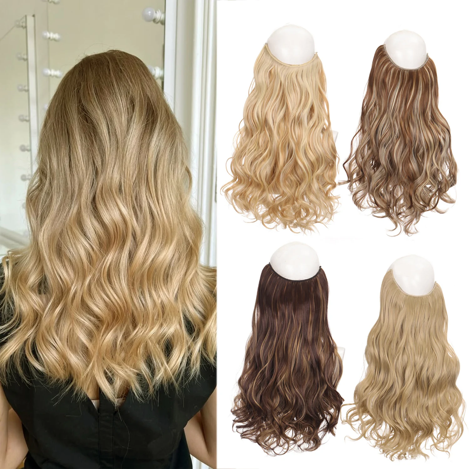 Synthetic One Piece String Hair Extension Long Straight Invisible Fish Line Curl Hairpieces Women's Cute Holiday Hair