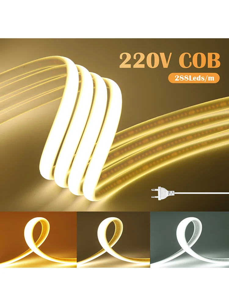 Flexibler Cob Neon-LED-Streifen, 220 V, mit Dimmerschalter, Netzteil, 288 LEDs, warm/natürliches Weiß, 0,5 m, 1 m, 2 m, 5 m, 10 m, lineare Beleuchtung