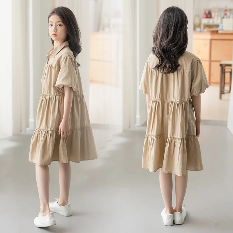 

JUCPKID 2024 Korean Summer Children Girl Dress Teenager Girl Bubble Sleeve Cake Dress School Girl Casual Cotton One-piece Dress