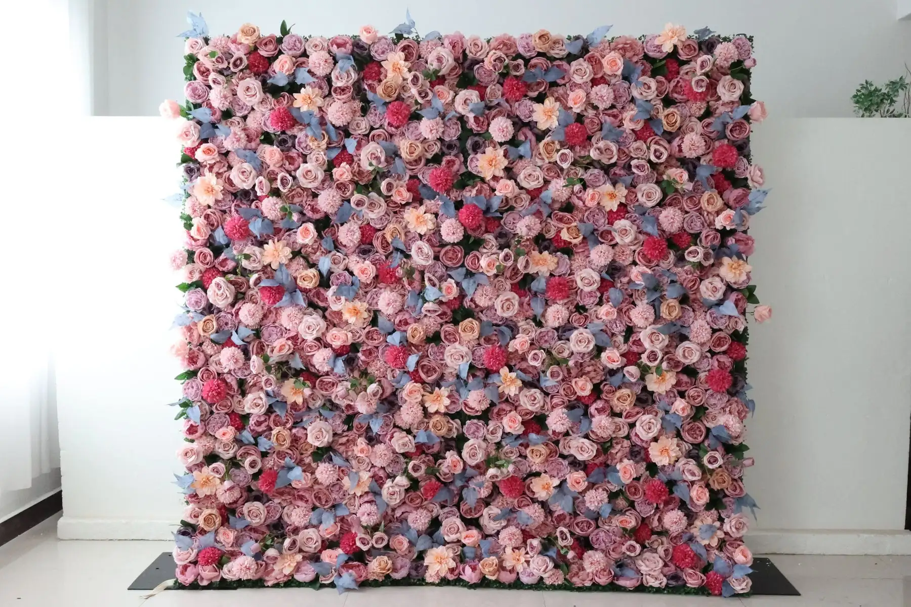 

Pastel blue-Pink Rose 3D Cloth Flower Wall Wedding Backdrop Fabric Floral Green Plant Wall Window Display Event Party Props