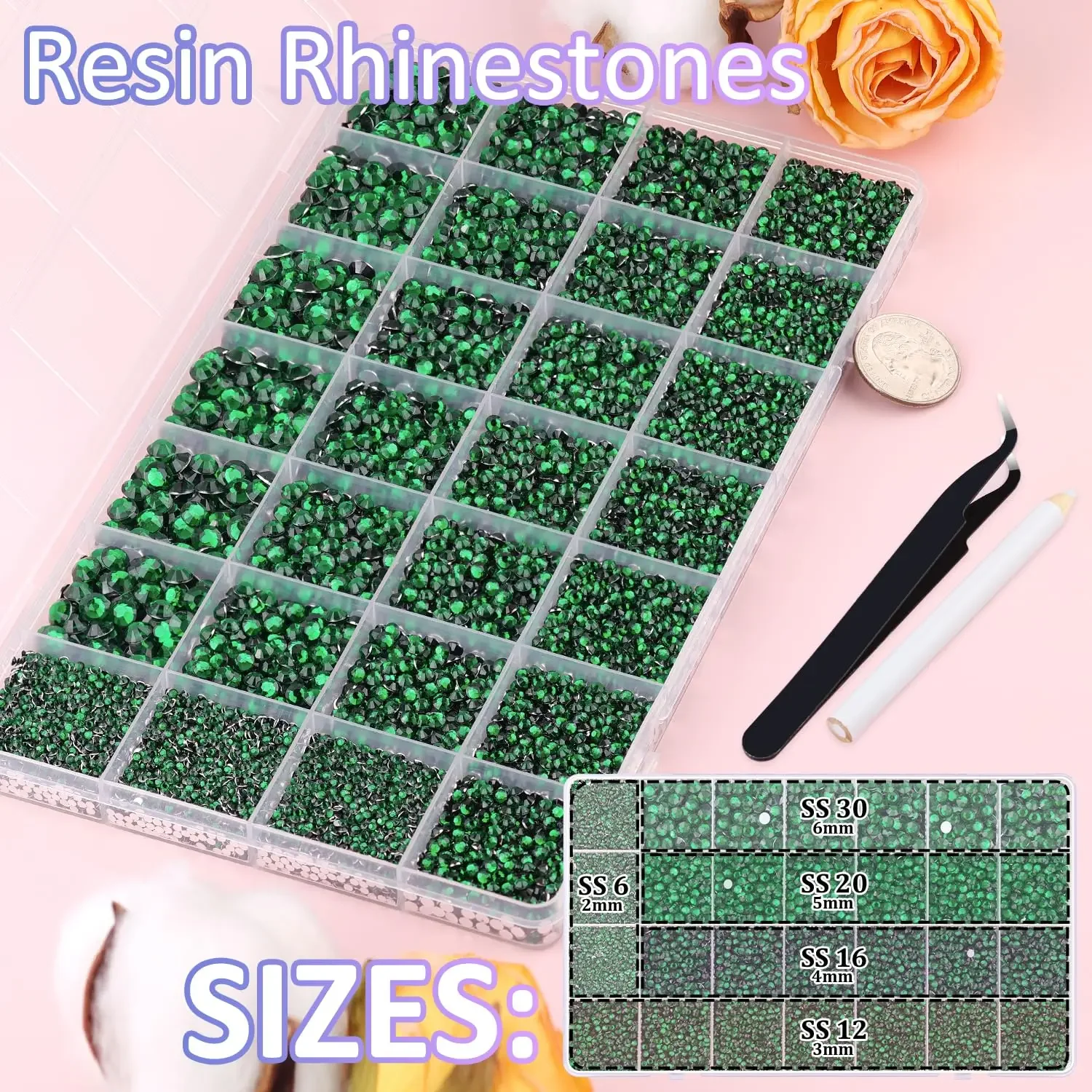 20000PCS Green Resin Flatback Rhinestones, Silvery Back 2-6mm Non Hotfix Craft Nail Gems with Pick Pen Tweezers Spoon Trays