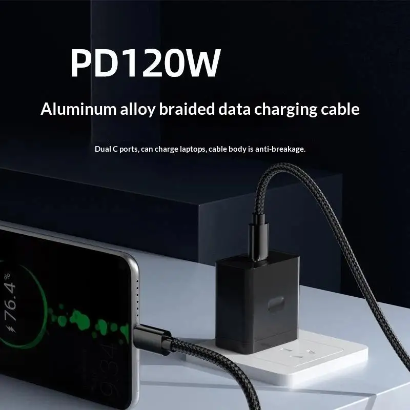 120W 10A Super Fast Charging Type-C Cable Braided Heavy Duty Data Line for Phone Laptop Business Travel Use