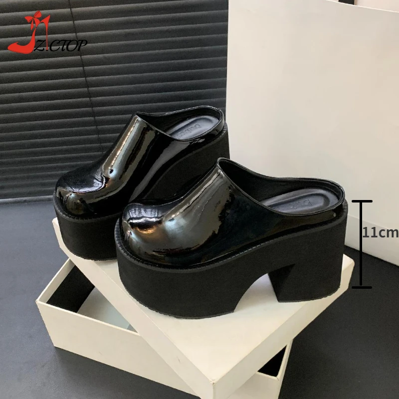 11cm Closed Toe Chunky Heeled Slippers Women Black Punk Platform Sandals Summer Super High Heels Patent Leather Ladies Shoes
