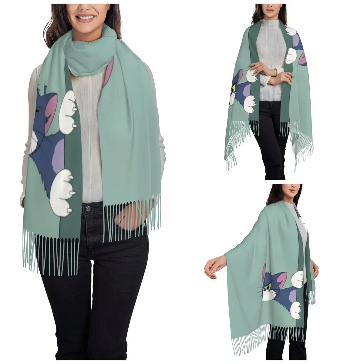 Tom And Jerry Shawl Wrap for Womens Warm Long Soft Scarf Surprised Tom Pashminas Tassel Scarves