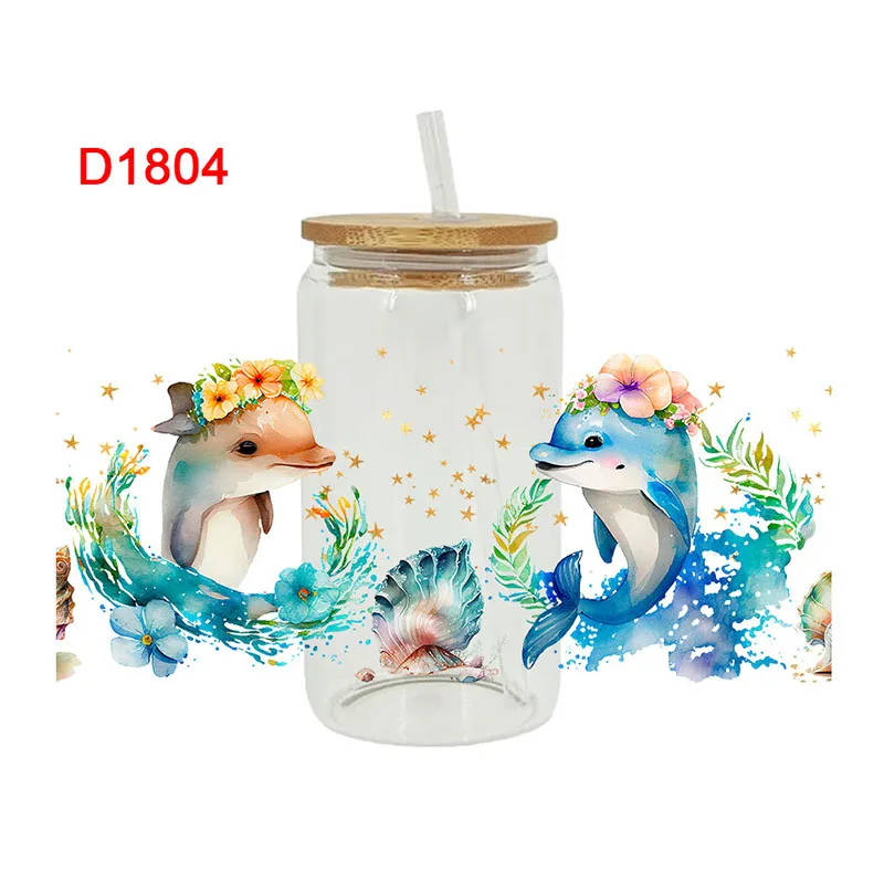 3D UV DTF Transfers Stickers 16oz Cup Wrap Turtle Dolphin Whale Printed For DIY Glass Ceramic Metal Leather Etc. D1804