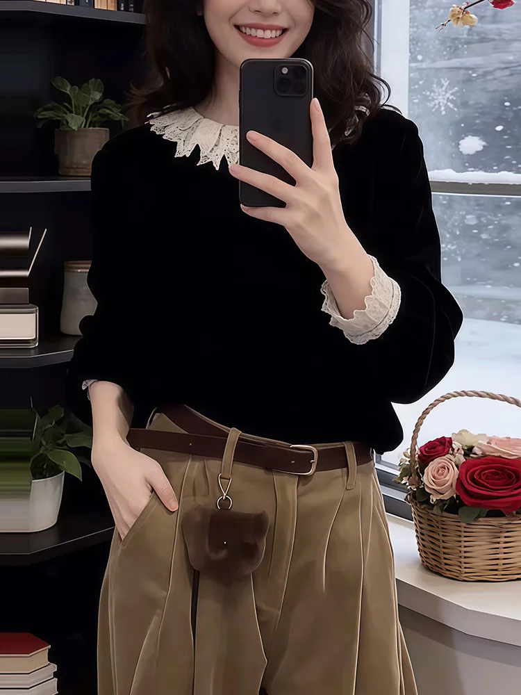 

Elegant Lace Trim Velvet Shirt Women's Autumn Winter Design Slimming Tummy Covering Base Layer Shirt Inner Wear Top