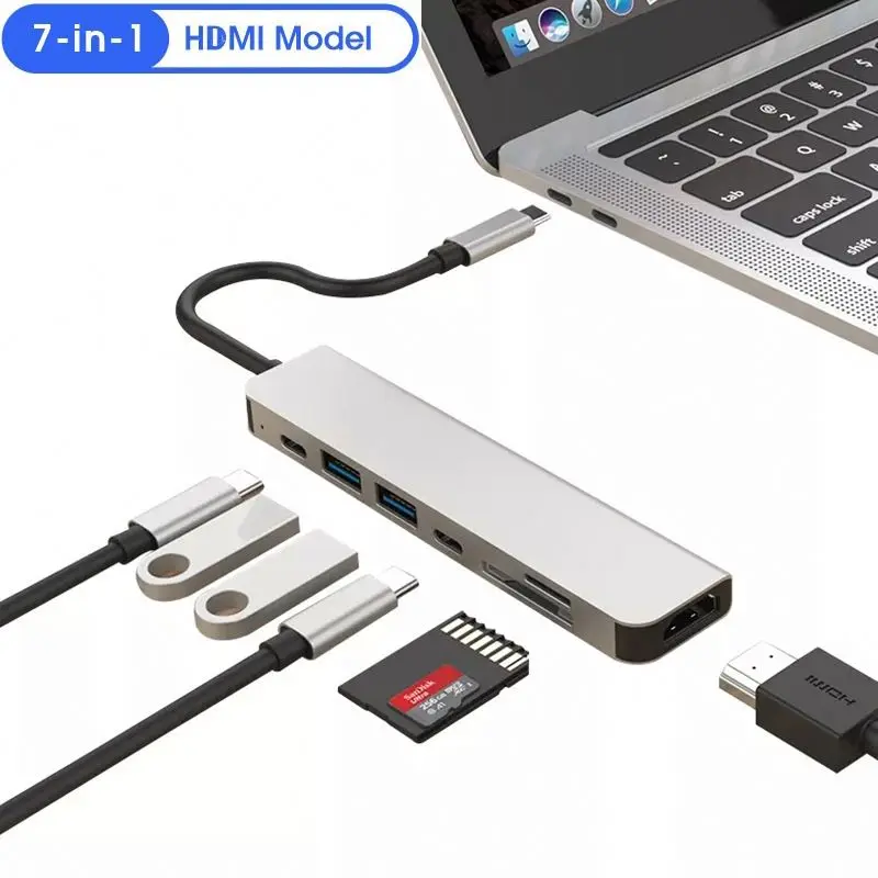 7 in 1 USB C Docking Station Aluminum Multiport Adapter 4K HDMI PD 100W USB 3.0 SD TF Card Reader Hub