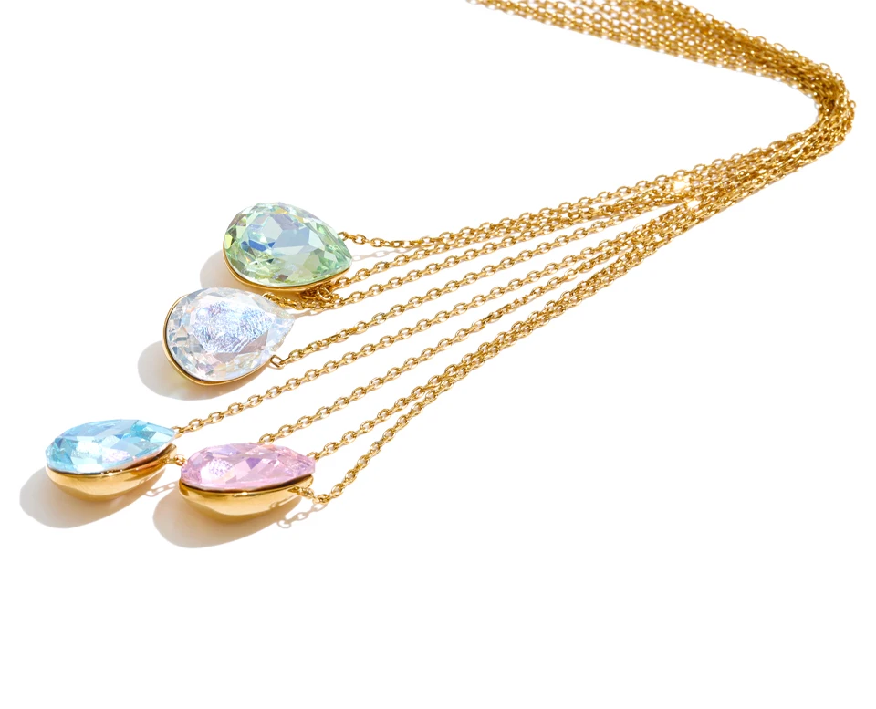 Yhpup Mehrfarbiger Edelstahl-Wassertropfen-K9-Kristall-Halskettenanhänger 16K Goldfarben PVD-beschichtet Neuheiten Exquisiter Schmuck – Detail 3