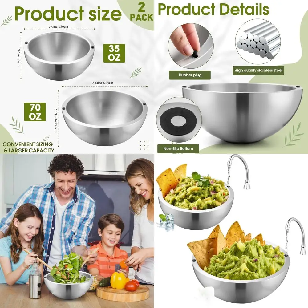 Tazón para Hielo de Acero Inoxidable de Doble Pared de 35 oz, Aislado para Servir en Fiestas - Enfría Salsas, Guacamole, Aderezos, Ensaladas y Más