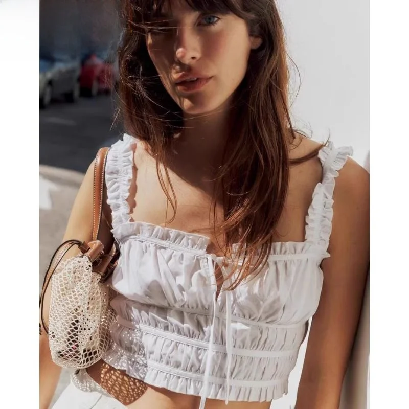 

Summer 2024 Trendy Knot Decorated Slimming Strap ort Top Women's Spicy Girl Sle Ele Versatile Pure Color Vest