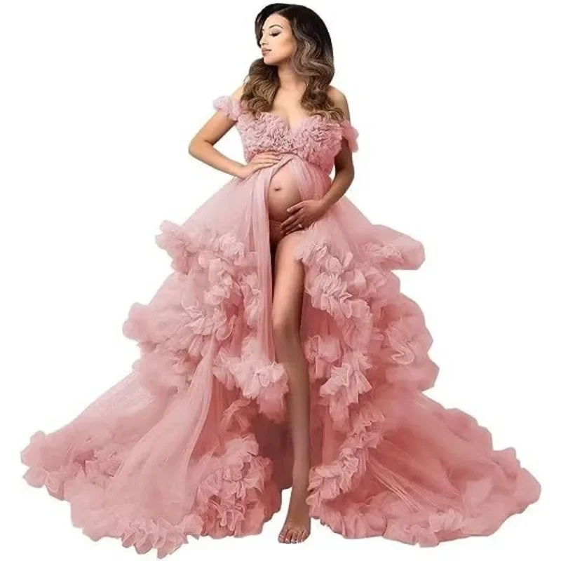 

Sexy Maternity Gowns Photoshoot V Neck Ruffles A Line Sweep Train Tulle Pregnant Women Maternity Dresses for Photo Shoot