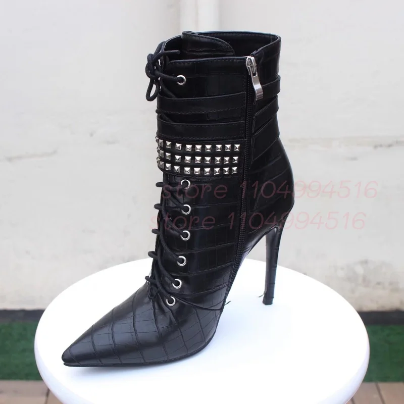 Leather Stone Pattern Rivet Ankle Boots Women Black Pointed Toe Belt Buckle Stiletto Boots Lady Sexy Lace-Up Party Prom Shoes