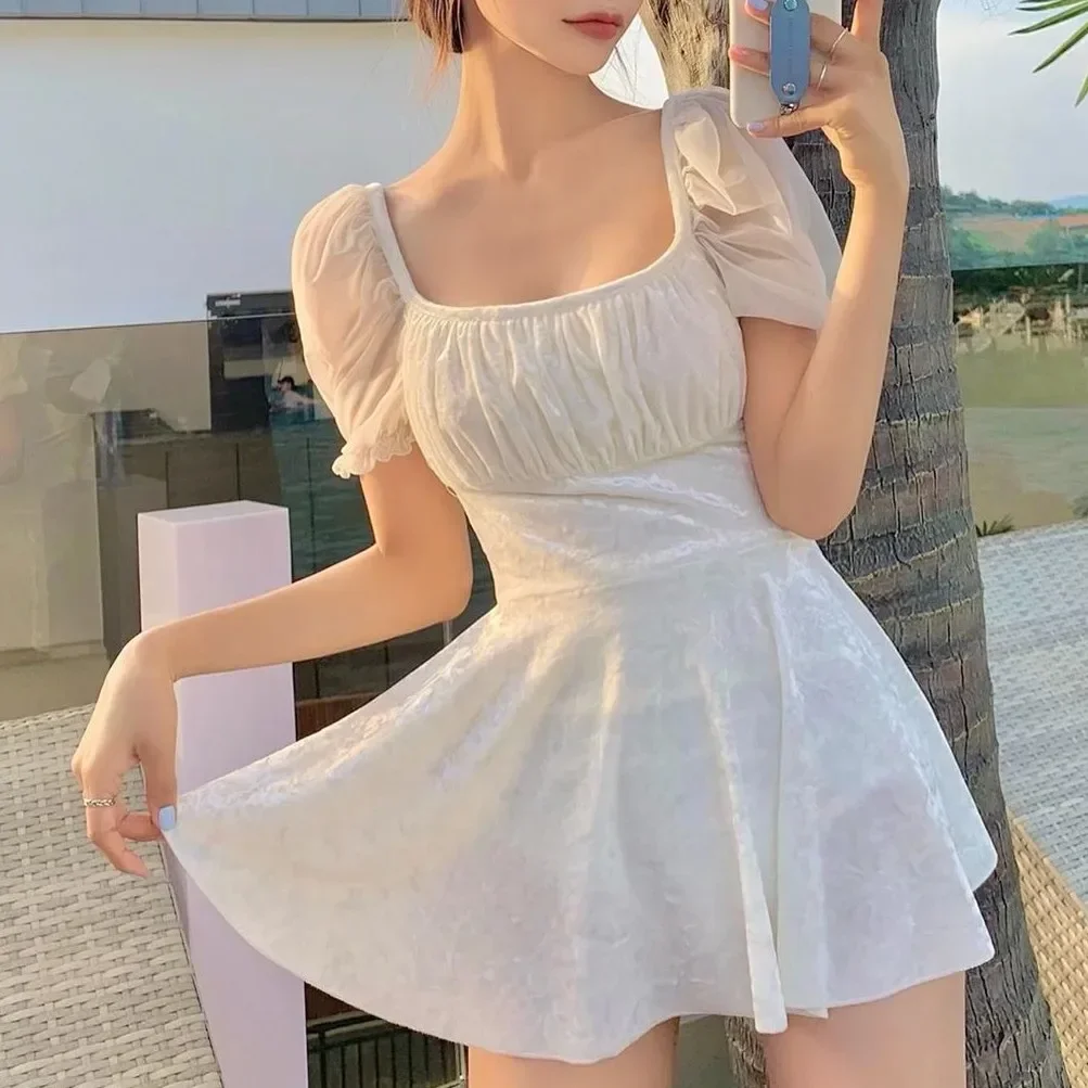 Japanese and Korean One-Piece Skirt Swimsuit Female French Fairy Halter Sexy Puff Sleeve Conservative Hot Spring Swimsuit