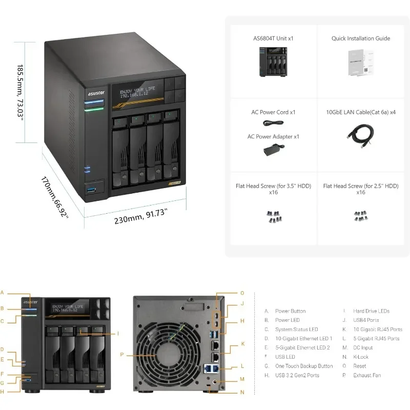 

Lockerstor 4 Gen3 AS6804T, 4 Bay NAS, Quad-Core 2.3GHz, 16GB ECC DDR5, 4 M.2 NVMe Slots, Dual 5GbE & 10GbE Port