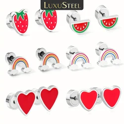 LUXUSTEEL Cute Women Summers strawberries Heart Rainbow Stud Earrings Stainless Steel No Fade Brinco Party