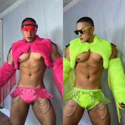 Männer fluor zierend grün rosa Pelzmantel Slips Muskel Mann sexy Pole Dance Kostüme Gogo tragen Bühnen performance Rave Outfit xs7631