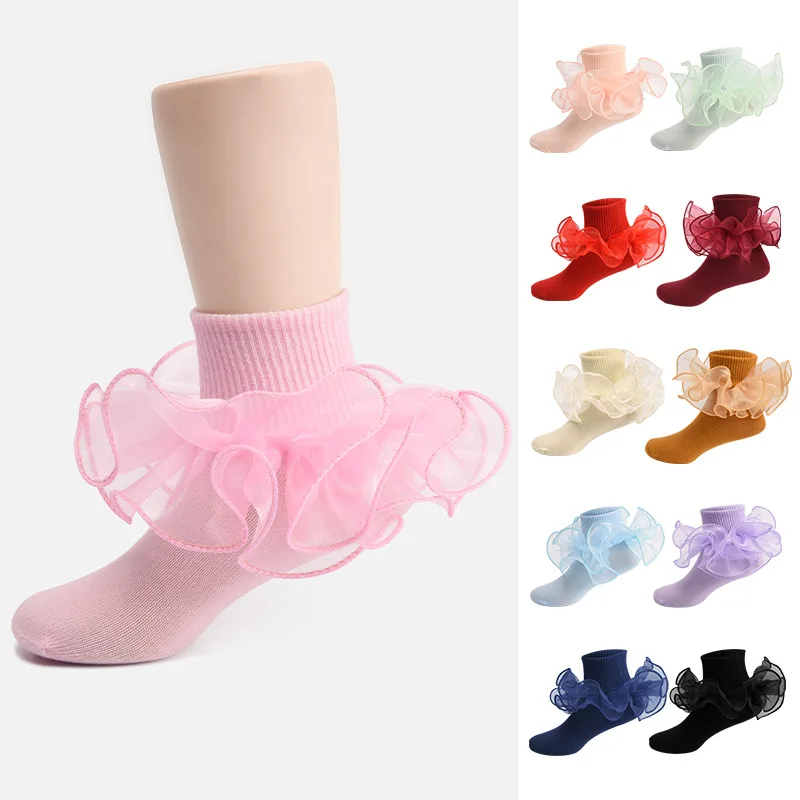 Cotton Lace Ruffle Princess Mesh Breathable Socks Children Ankle Short Sock White Pink Purple Baby Girls Kids Toddler Dancing