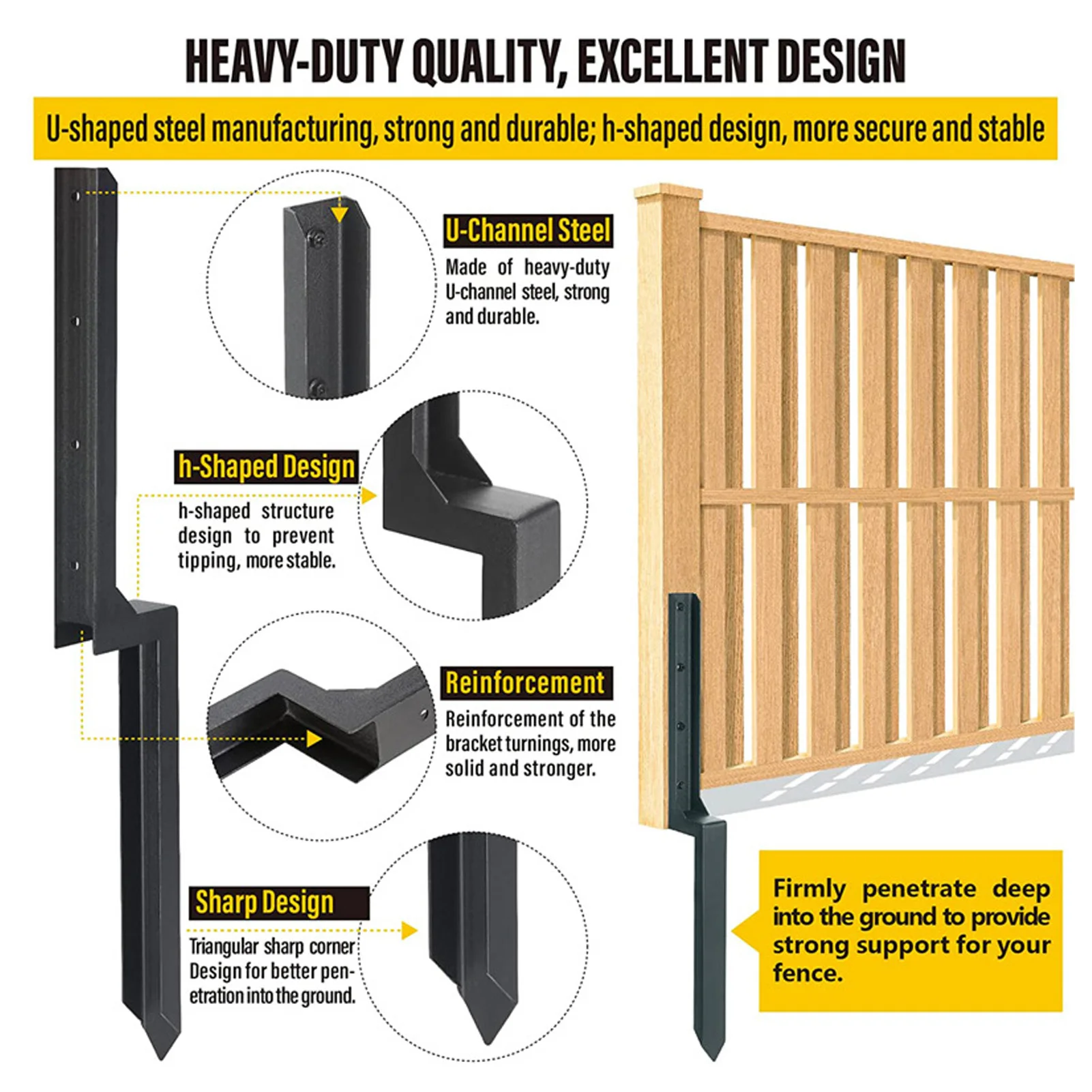 Fence Post Stakes Kit Heavy Duty Steel Post Ground Spike for Repairing Tilted Broken Wood Fence Fence Post Support Stakes