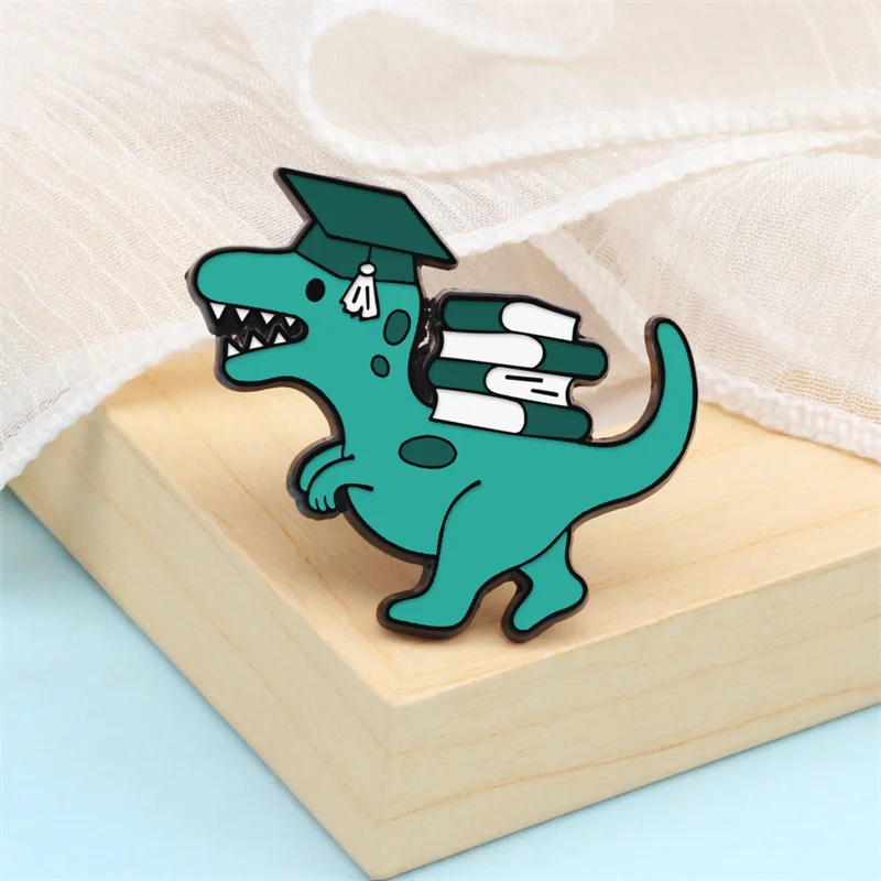 Funny Animal Enamel Pin Trendy Tyrannosaurus Learning Reading Books Dinosaur Brooches Men Women Cartoon Lapel Pins Badge Jewelry