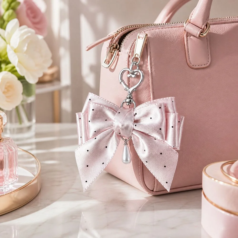 Polka Dot Pattern Polka Dot Bow Keychain Pearl-Style Charm Sweet Lolita Style Bag Pendant Satin Finish Pearl Charm Keychain