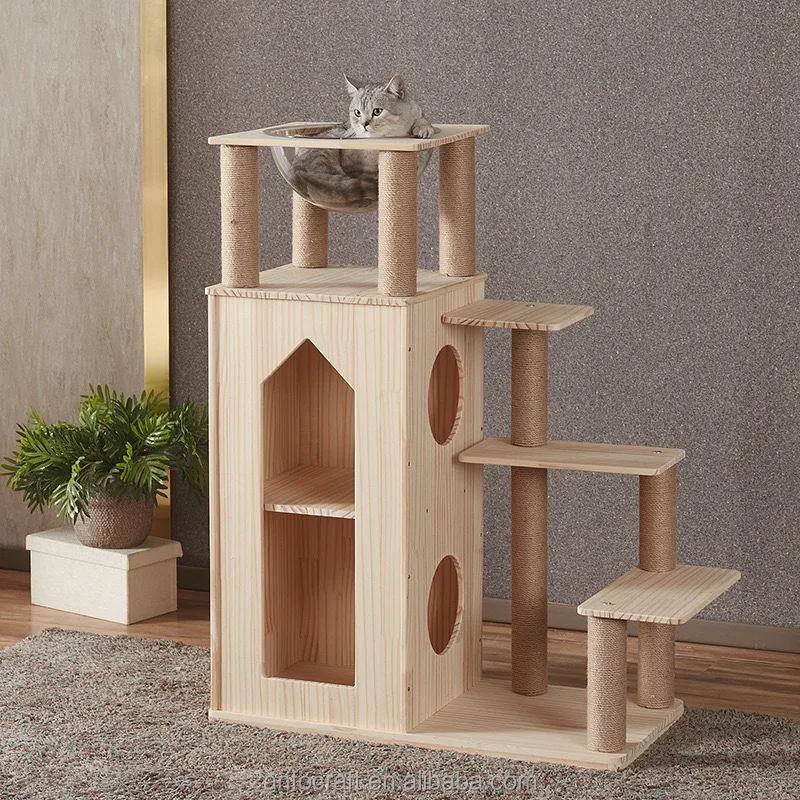 

Wooden Cat Tree with Cat Condo, Cat Stairs Scratching Posts, 1Bowl,Sisal Scratching Posts,Cozy Top Perch