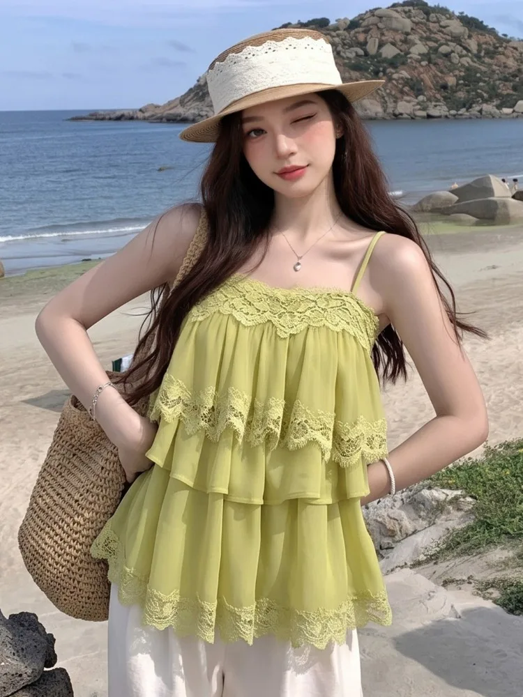 

Sweet Holiday Style Multi-Layer Lace Trim Sleeveless Women's Vest Summer New Design Sensation Gauze Seamless Top