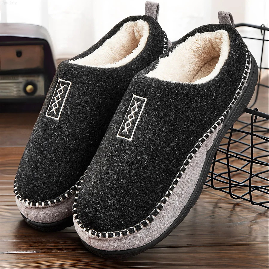 Slippers House For Man Fuzzy Warm Patchwork Sewing Memory Foam Living Room Shoes Plush Non-slip Winter Slipper Street Luxury