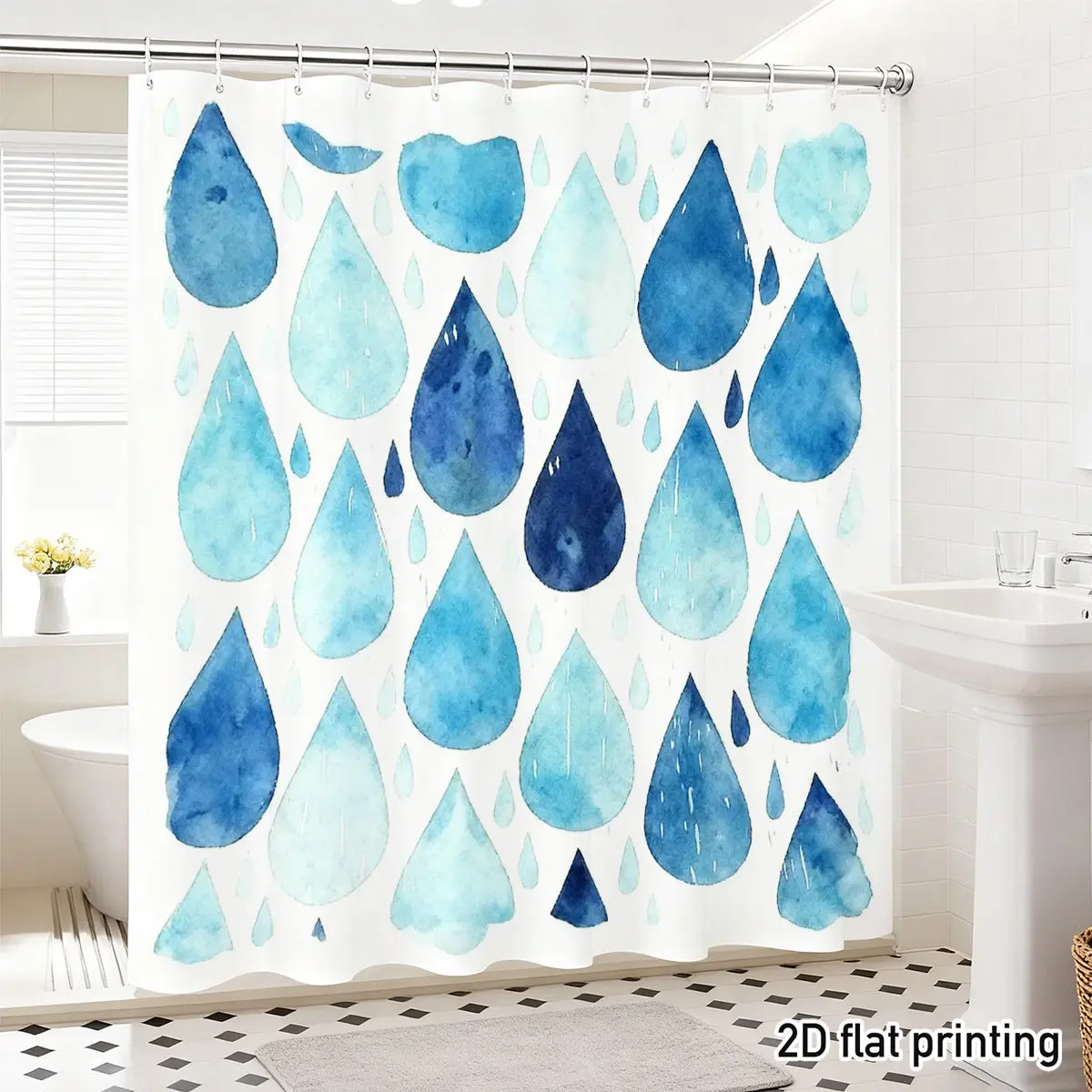 ブルー水彩画の雨滴シャワーカーテン-–-滴る水滴、ポリエステル、71インチ×71インチ、12個のフック、防水、モダンなバスルーム装飾