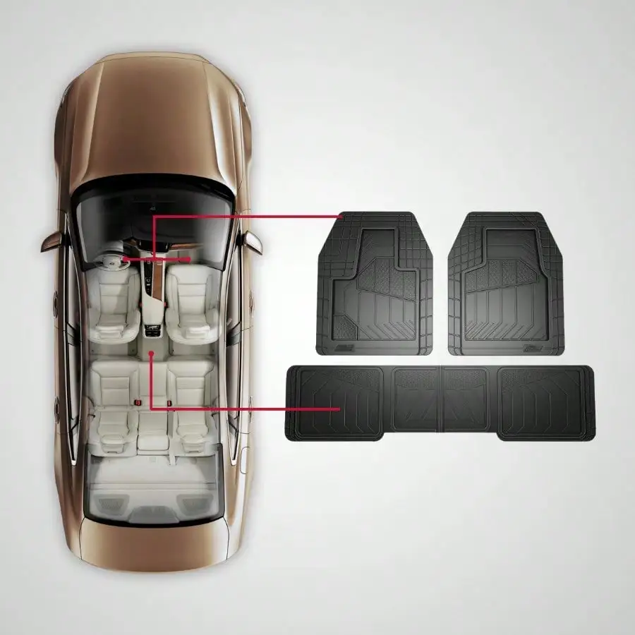 طقم سجادات أرضية مطاطية للسيارة بالكامل مكون من 5 قطع باللون الأسود