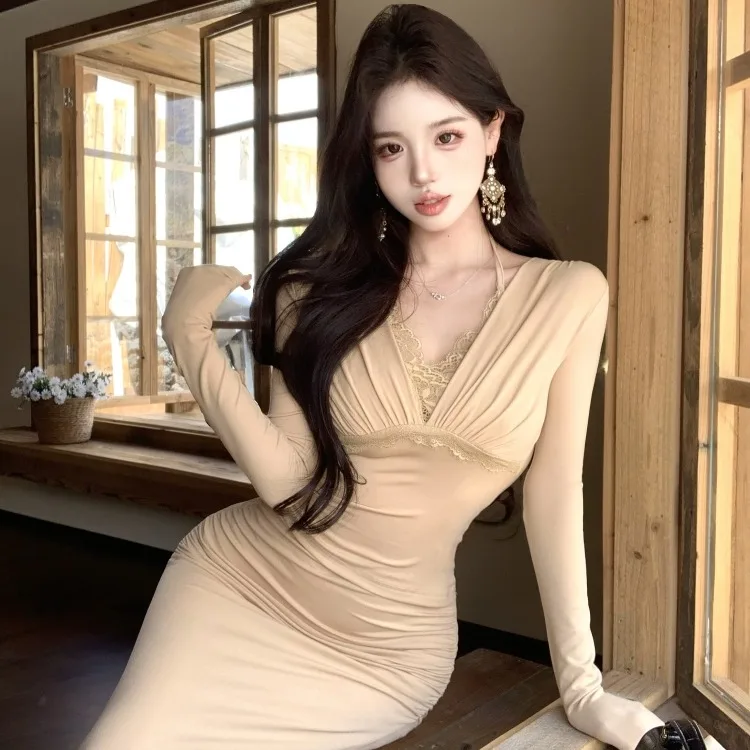 Spicy Girl Lace Patchwork Fake 2-Piece Long Sve T-irt Top High Waist Pleated Wrap f Skirt Long Autumn Winter Set Women