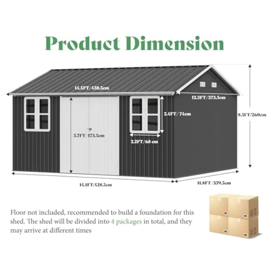 12 x 14Feet Outdoor Storage Shed with a Lockable Hinged Door and 2 Windows, Nordic Cottage Metal Shed for Backyard, Garden, Pat