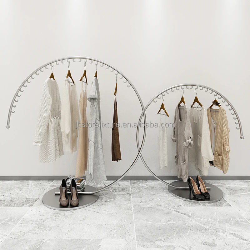 

Children's clothing store round display rack C-shaped clothing rack, independent metal display rack with coat hook