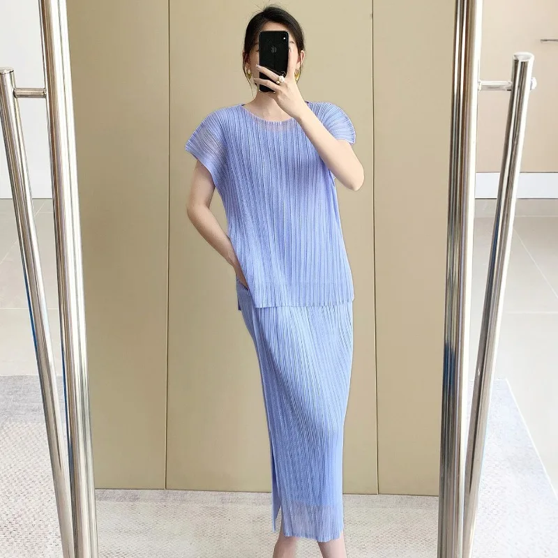  Pleated T-Shirt 2026 Summer Double-Layer Mesh Short-Sleeve Top Women's Stretch Skirt Simple Elegant Draped Commuter Set image 4