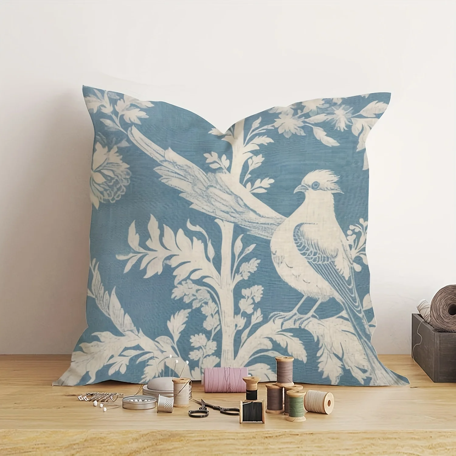 Double Sided Blue Toile De Jouy Bird Throw Pillow Cover Vintage Floral Botanical Print Decorative Cushion Cover for Home Decor